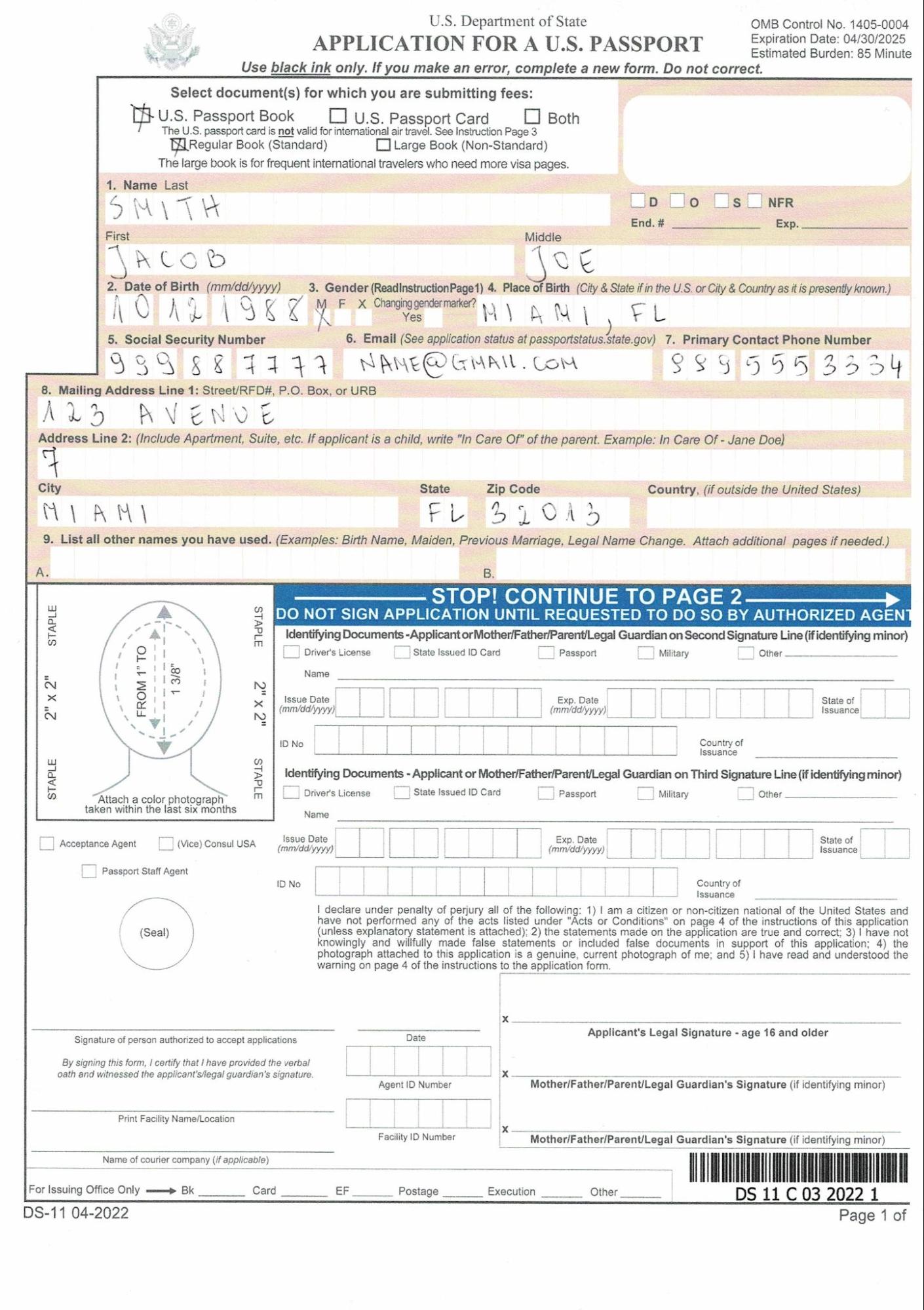 An example of page 1 of a DS-11 form filled out.
