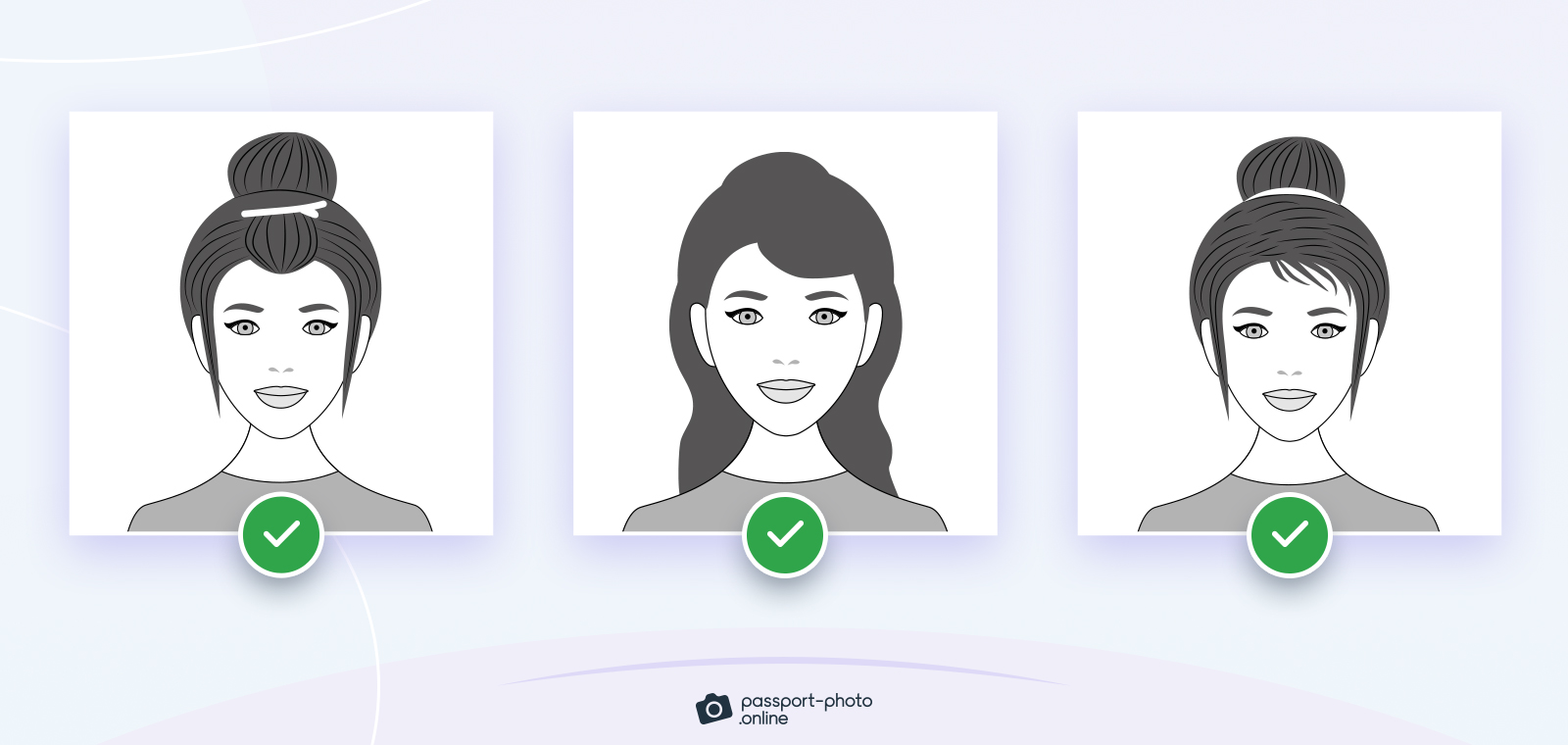 Examples of passport photos with acceptable hairstyles and hair accessories.