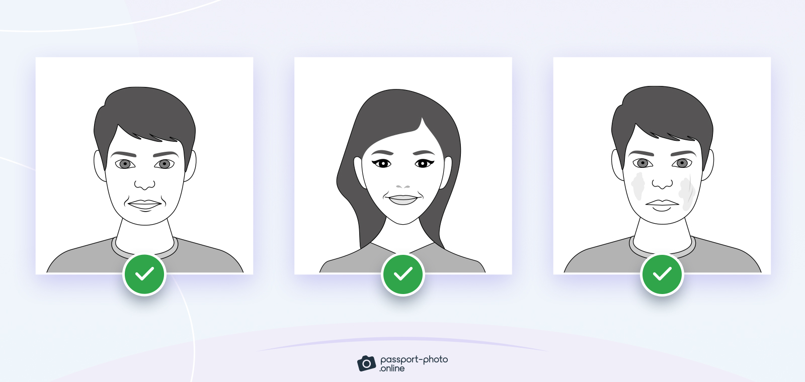Three images showing the correct expression for passport photos.