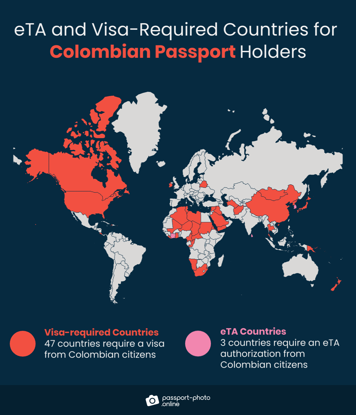 Map of countries Colombian citizens are required to have a visa or eTA to visit