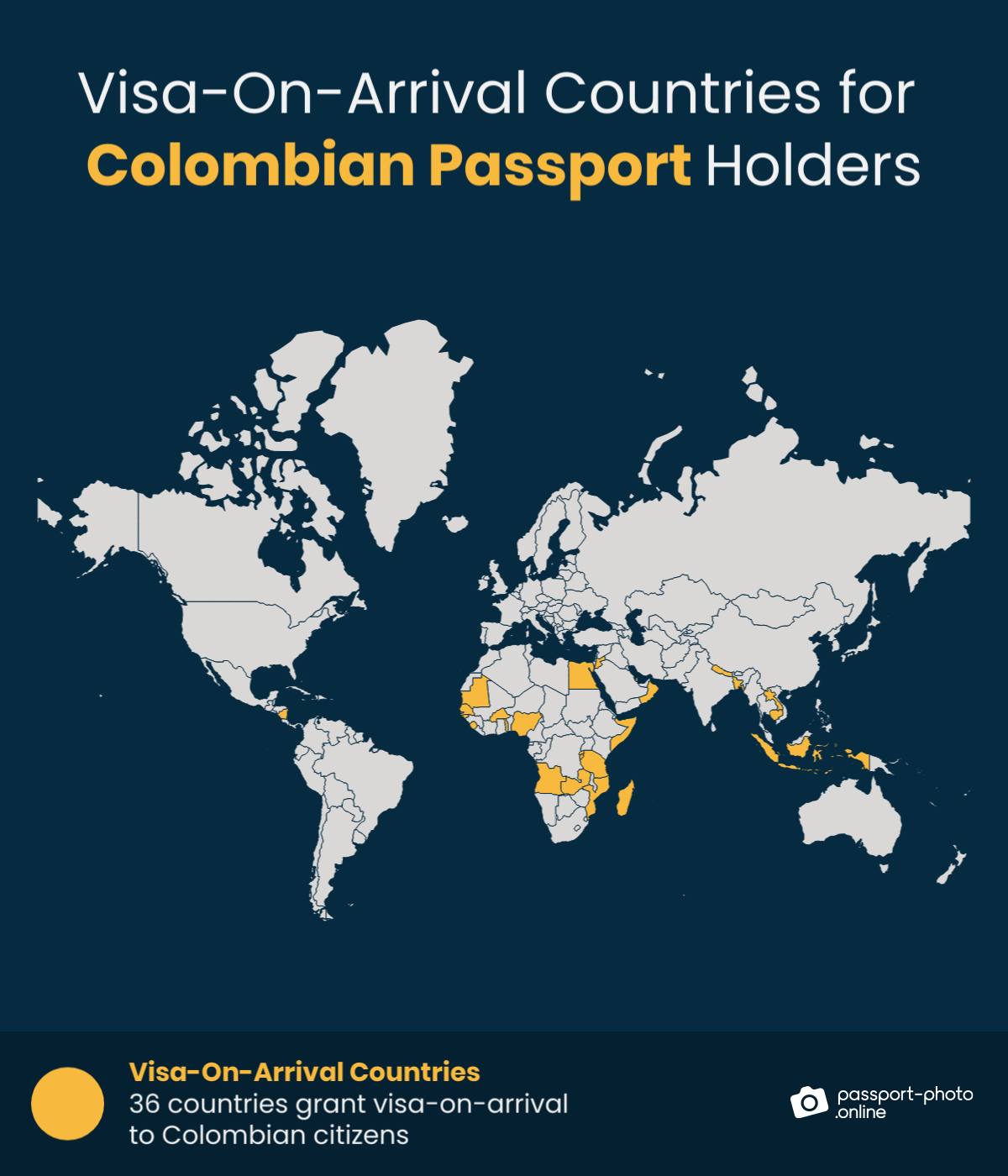 Map of countries Colombian citizens can visit with a visa on arrival