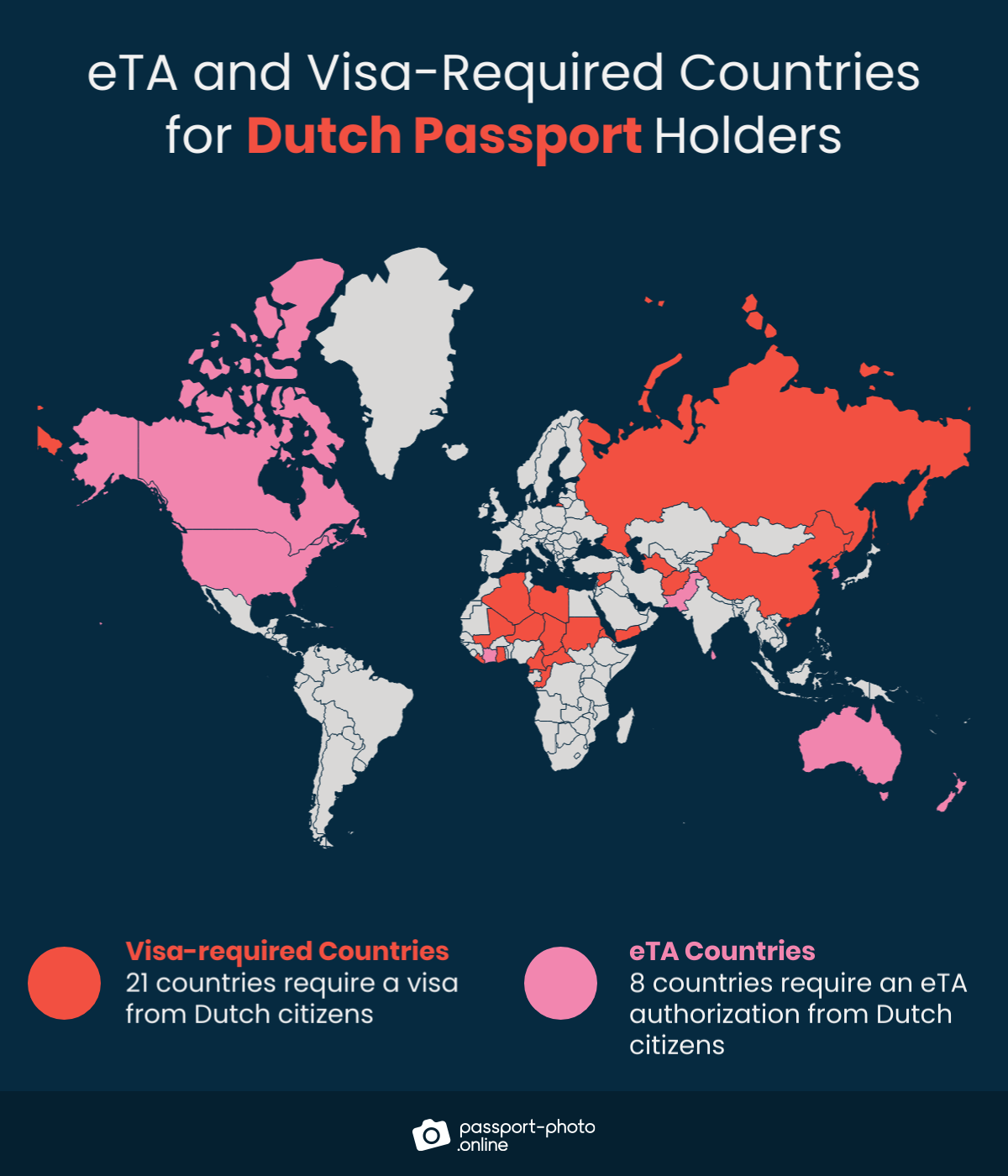 Map of countries Dutch citizens are required to have a visa or eTA to visit