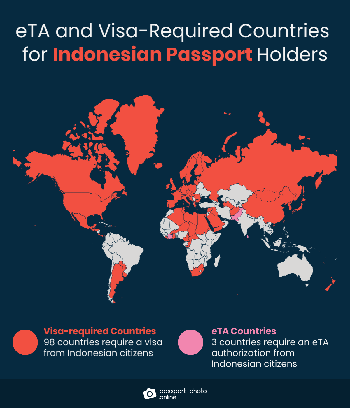 Map of countries Indonesian citizens are required to have a visa or eTA to visit