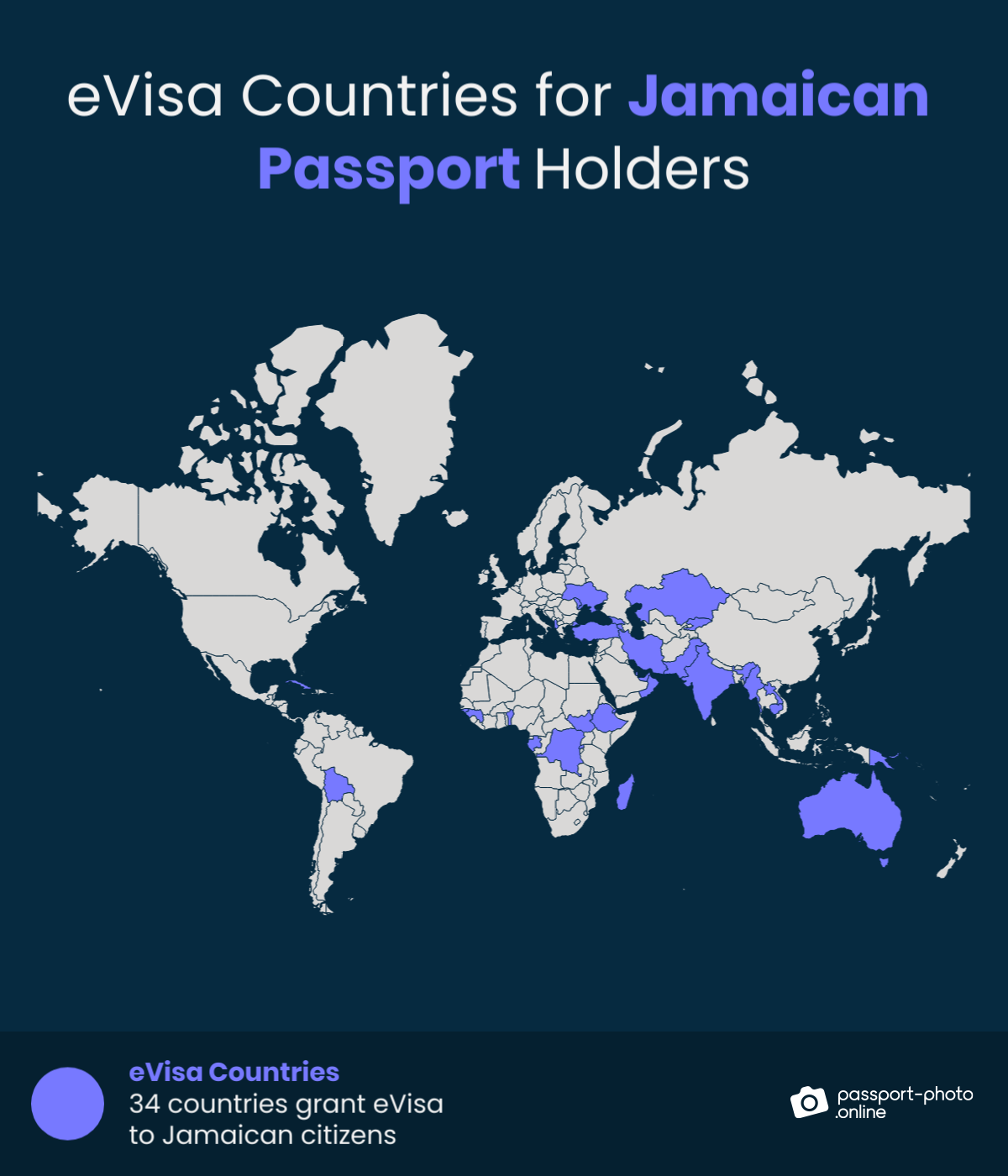 Map of countries Jamaican citizens can visit with an eVisa