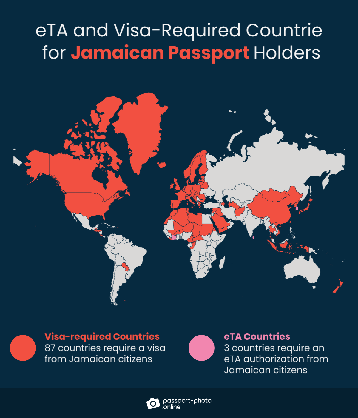 Map of countries Jamaican citizens are required to have a visa or eTA to visit