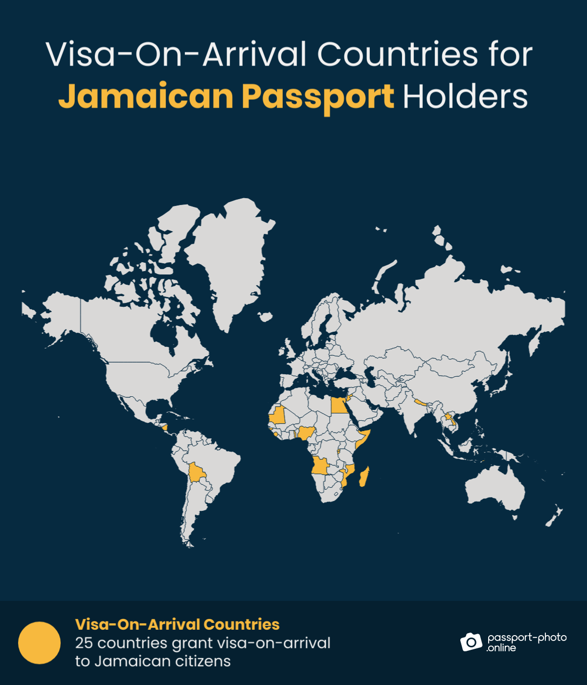 Map of countries Jamaican citizens can visit with a visa on arrival
