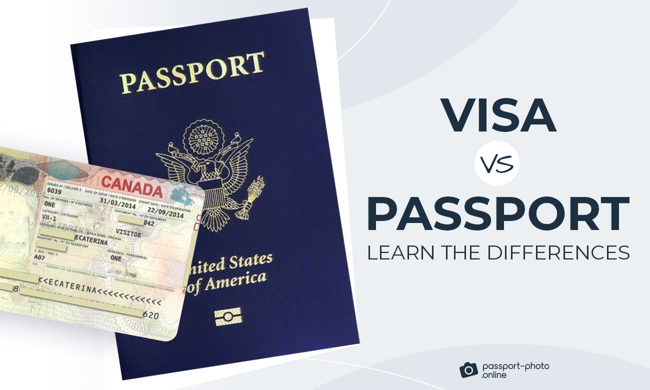 The photo shows a blue US passport and a visa to enter Canada, next to the title of the post “Visa vs Passport” on a yellow background.