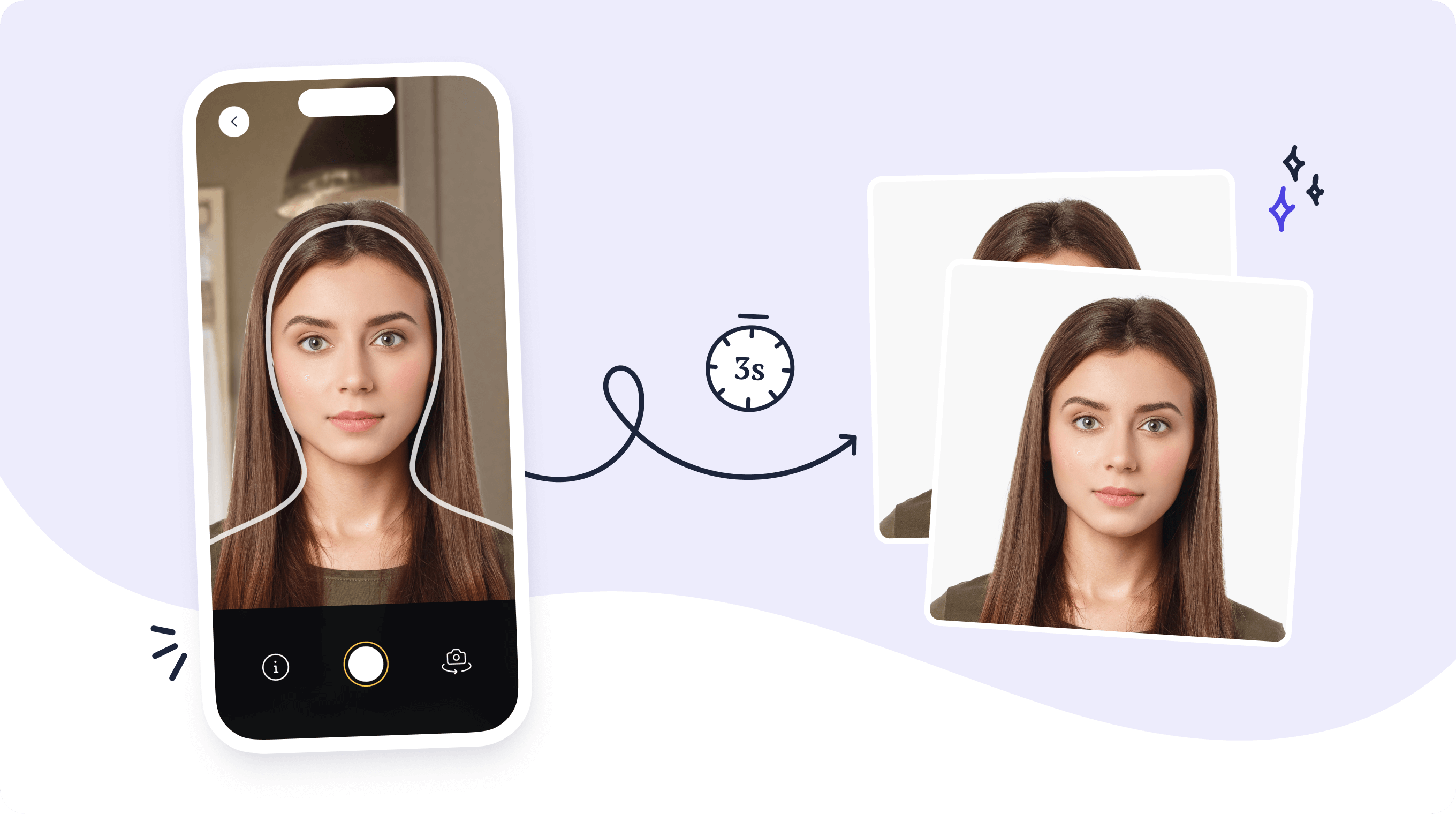 A screenshot showing the before and after of an automatic process of creating US passport photos on a smartphone.