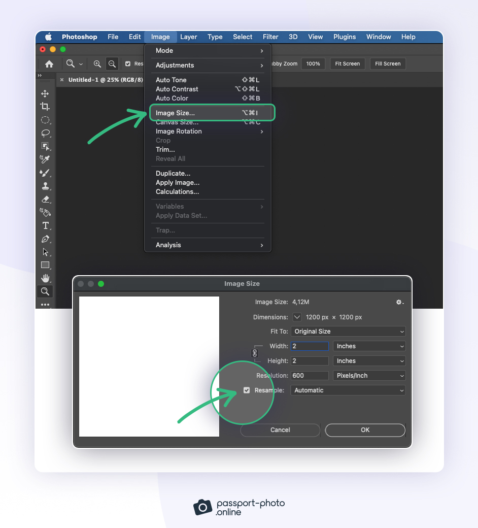 Open the "Image Size" dialog box and make sure to check the "Resample" option to apply the changes and resize your photo to passport size.