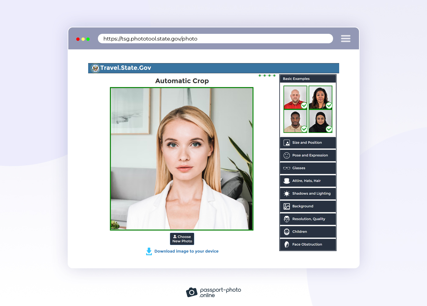 A screenshot of the official website where you can crop your passport photo to the required size.