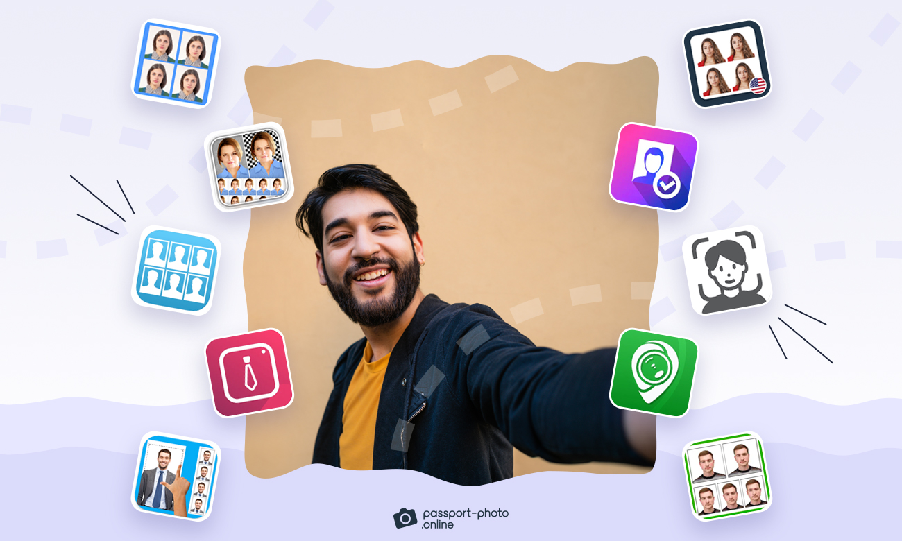 smiling man taking passport photo with mobile and logos of most popular photo booth apps