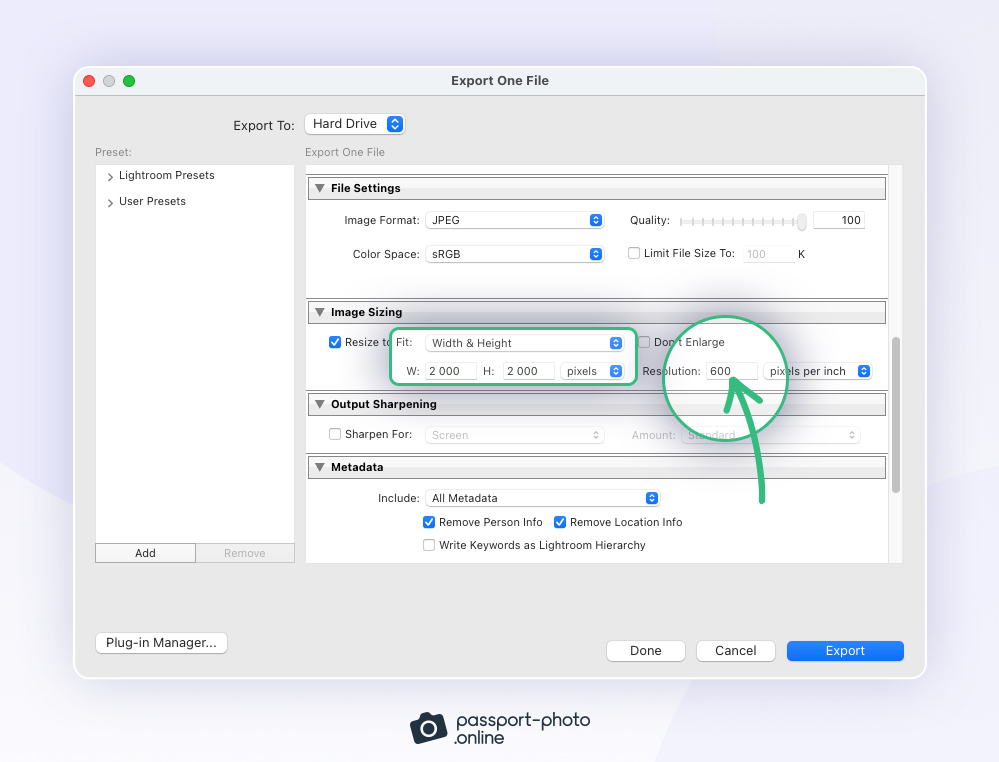 The correct pixel dimensions, photo resolution, image format and color space are set in Lightroom before cropping a photo to passport size.