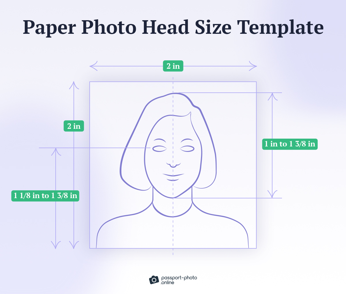 A head-size template for paper passport photos in white and purple colors, with the portrait of a short-haired woman.