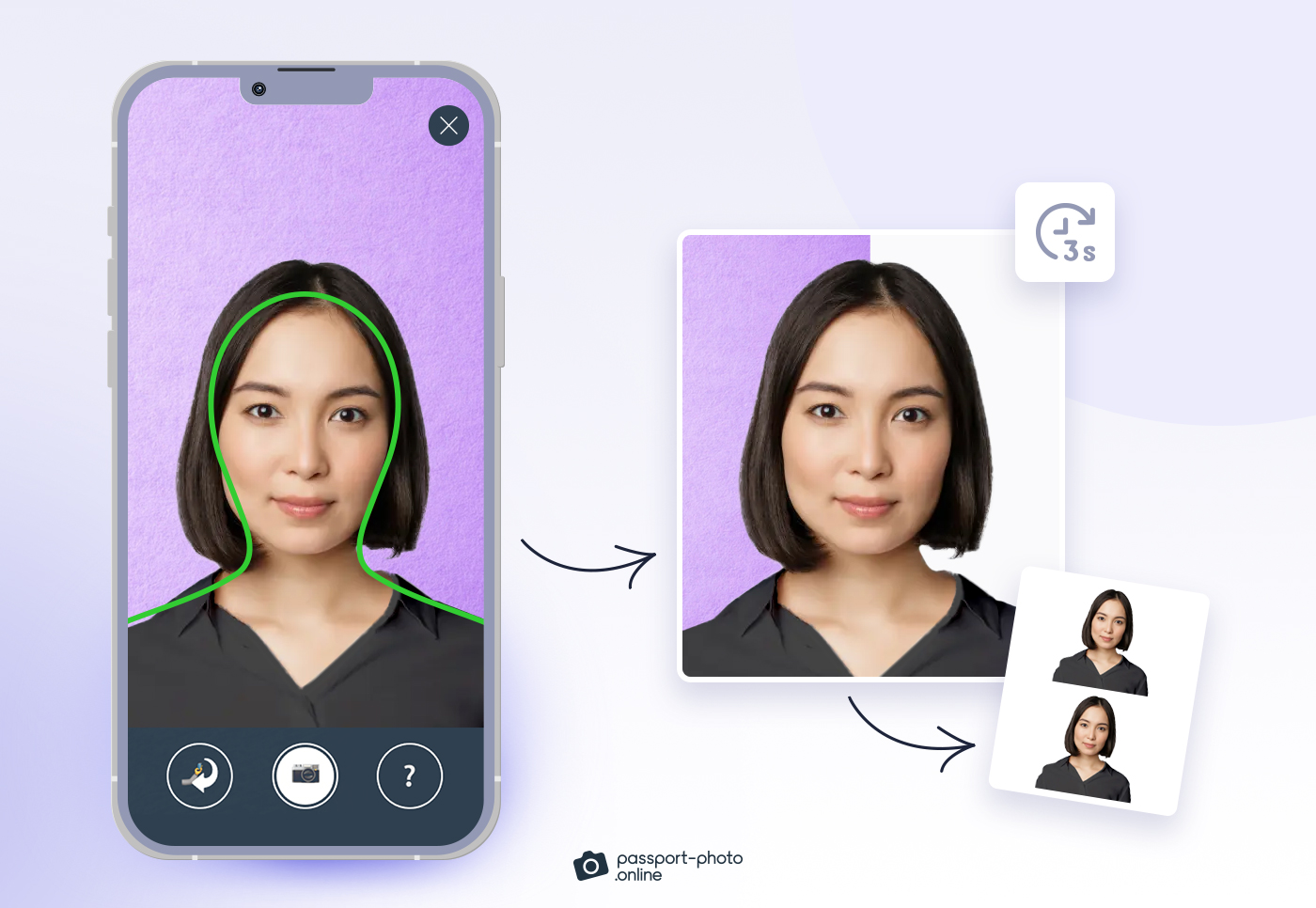 Una imagen es transformada en una foto para pasaporte con garantía de validez en tan solo 3 segundos usando la app móvil de Passport Photo Online.