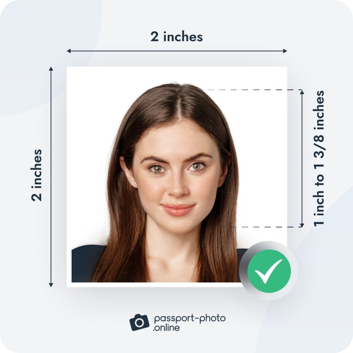 Example of a compliant passport photo taken with a phone at home superimposed information about the size requirements.