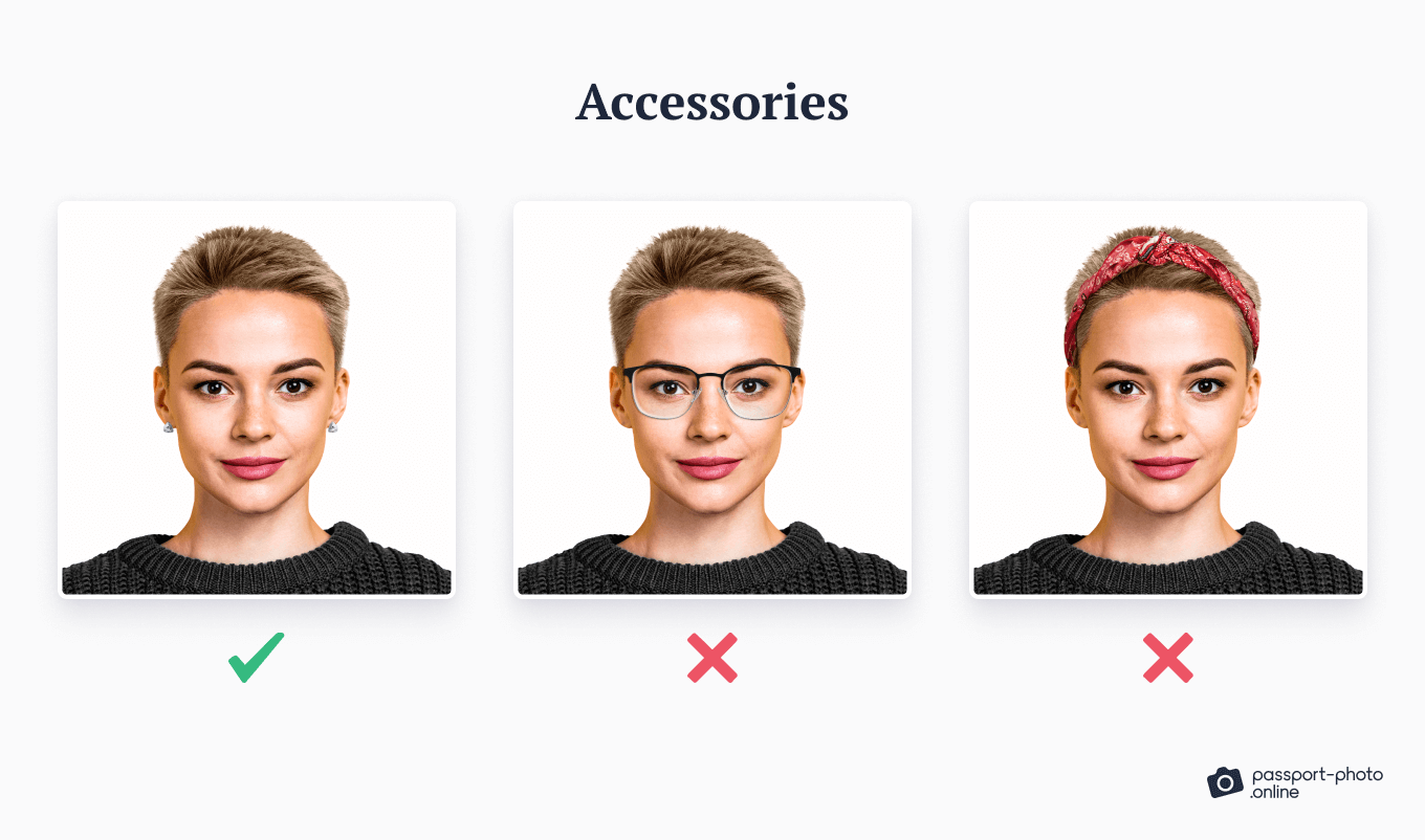 Three photos: one with acceptable, simple accessories, the other two with glasses and a hairband.