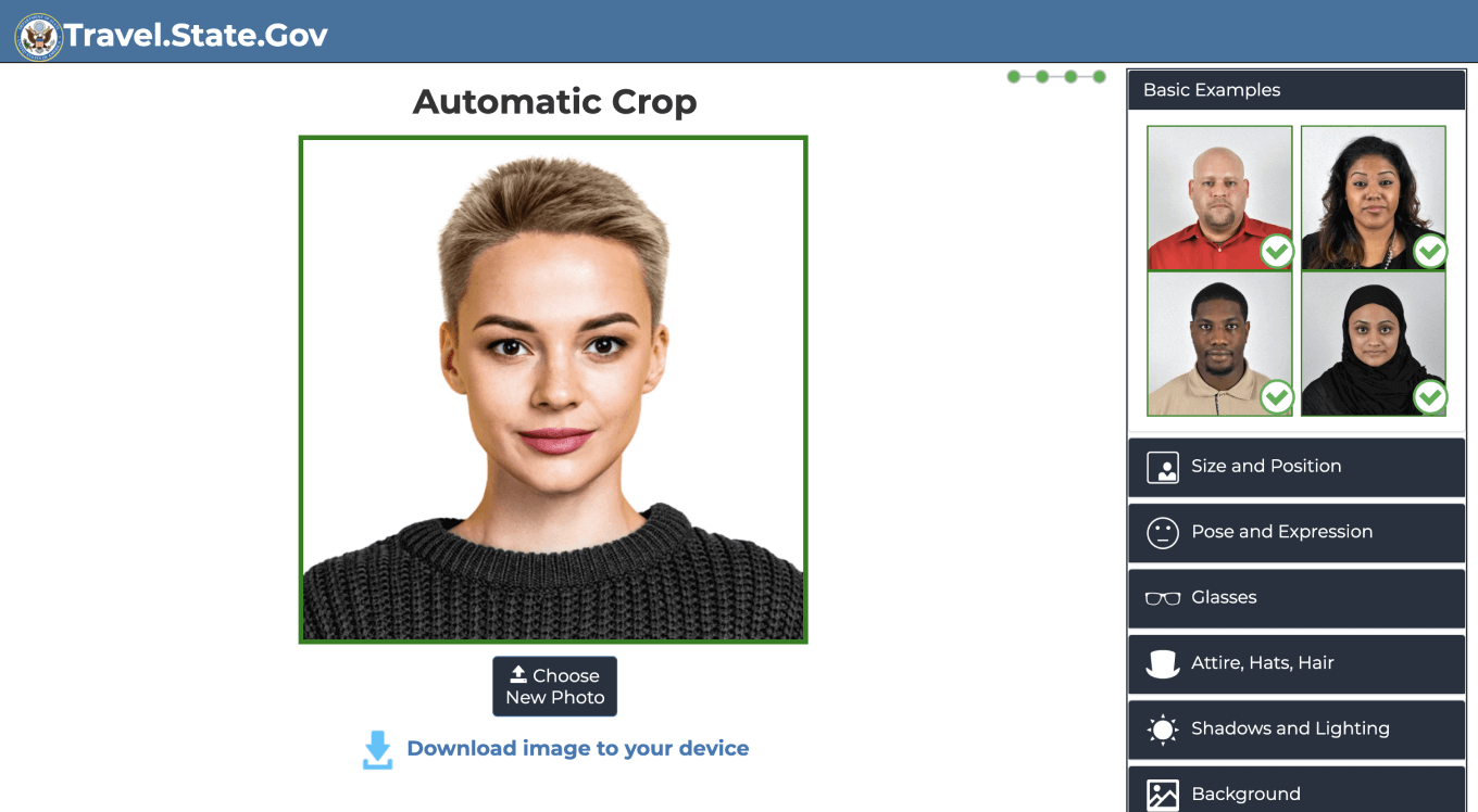 A photo of a young woman with short blonde hair is uploaded to the U.S. Department's official online passport photo checker to verify its validity.