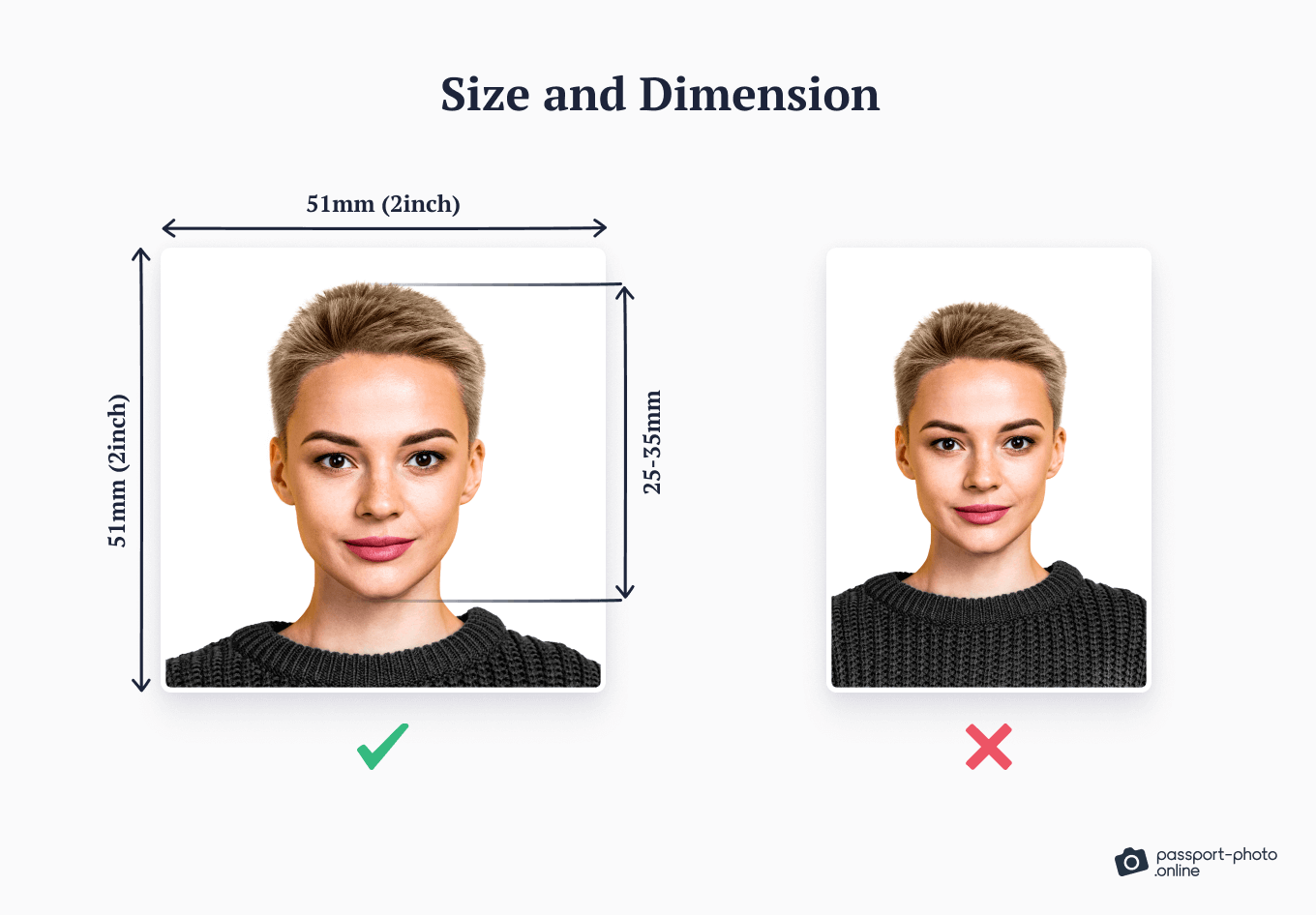 Two photos, one showing the correct US passport photo size and the other one with wrong dimensions