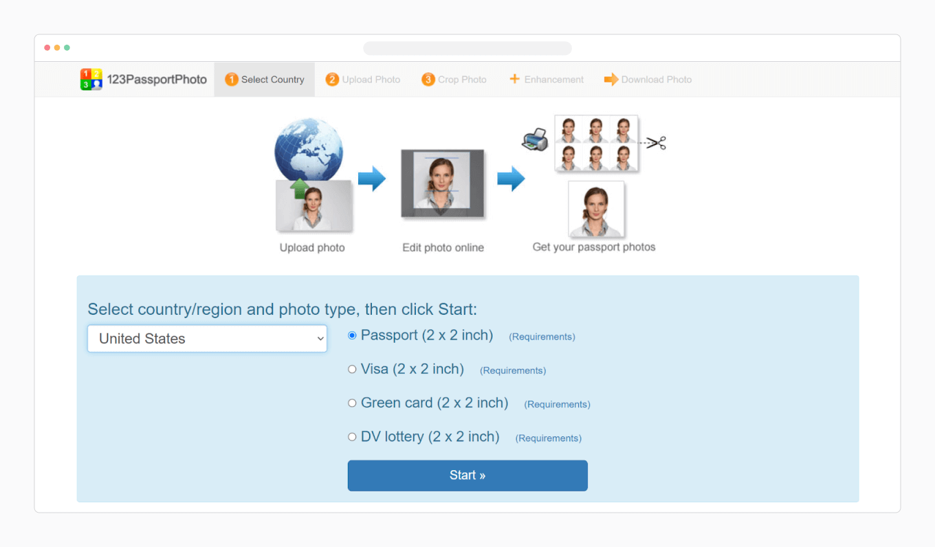 The main page of 123PassportPhoto.