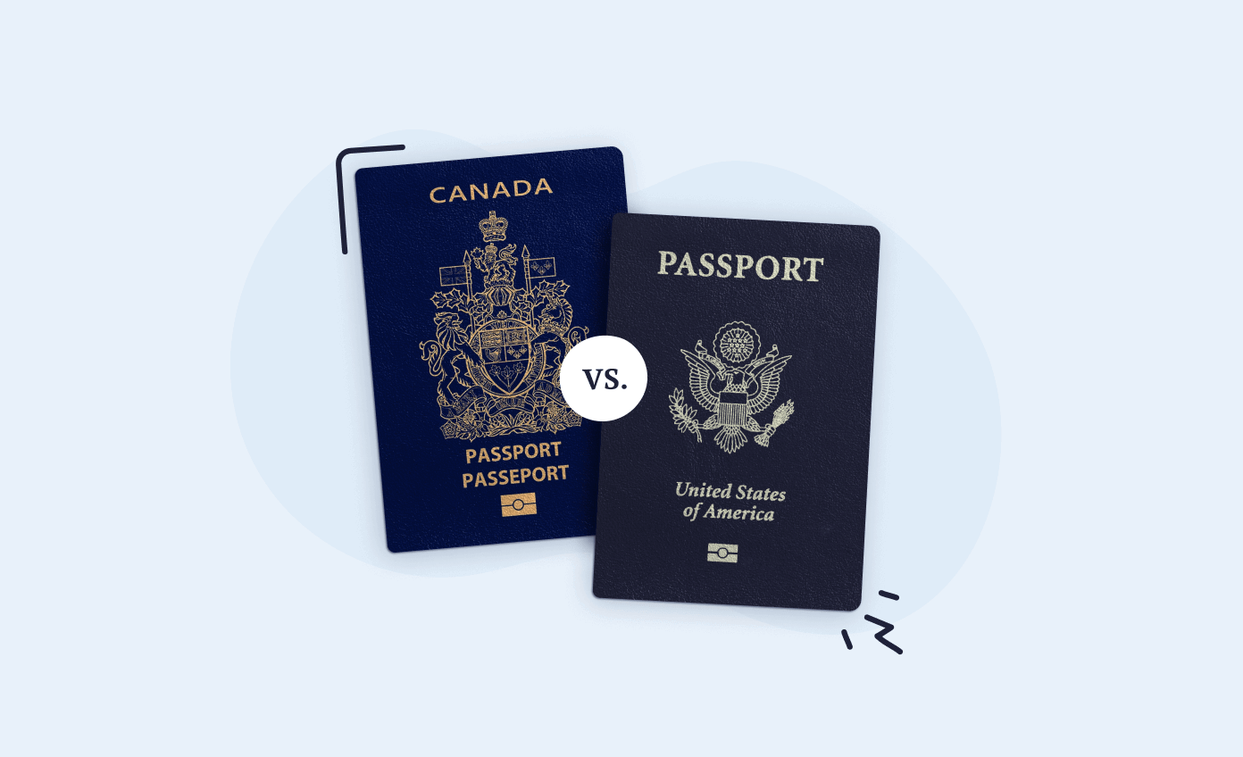 Passports of Canada and the US next to each other, with “vs” between them.