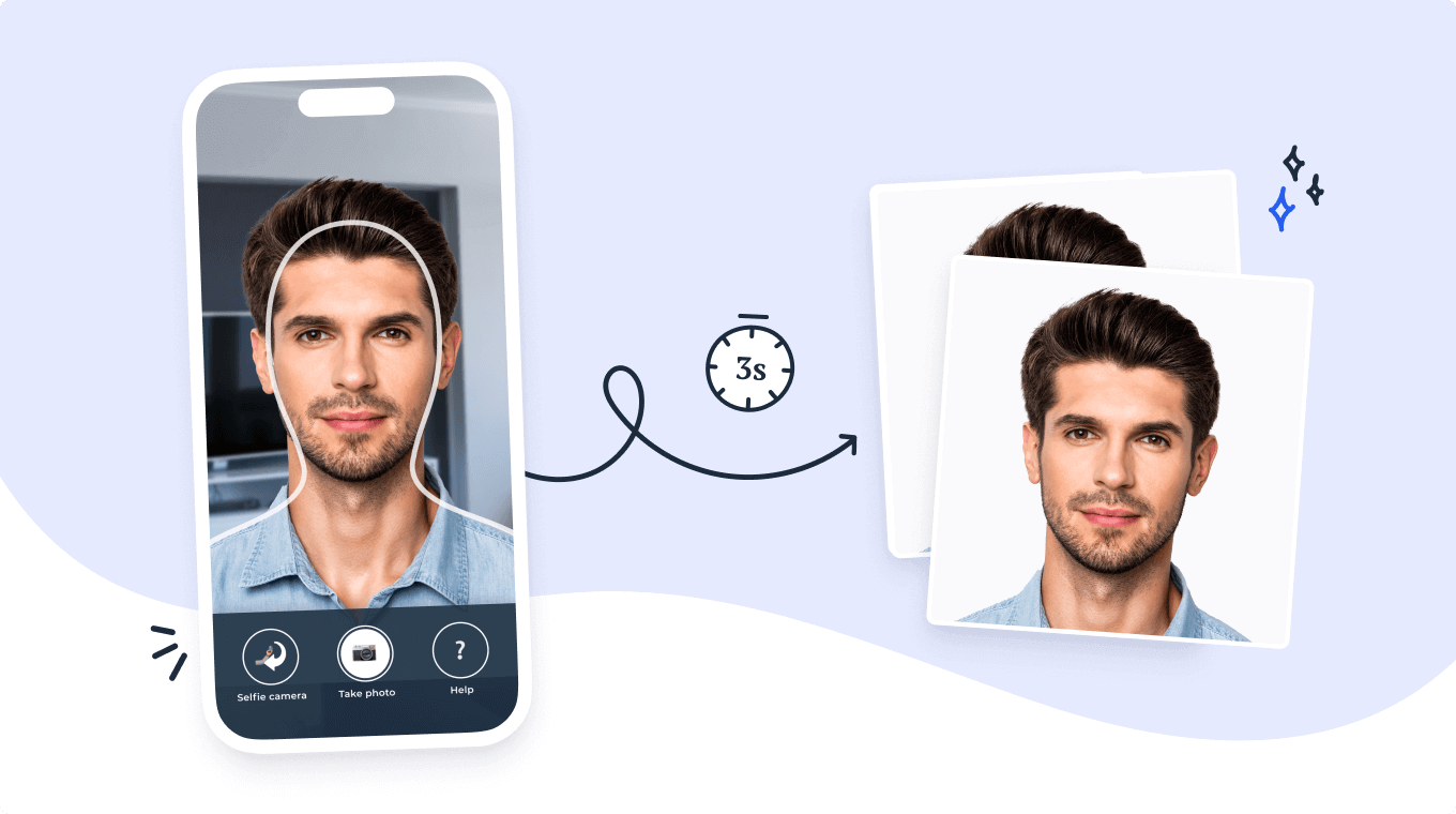 A picture converted into a government-compliant passport photo in 3 seconds using Passport Photo Online mobile app.