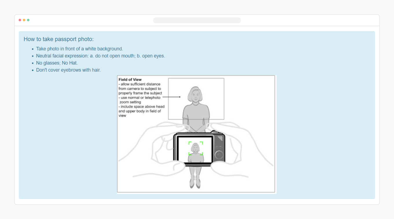 The instructions on how to take a passport photo on the 123PassportPhoto website.