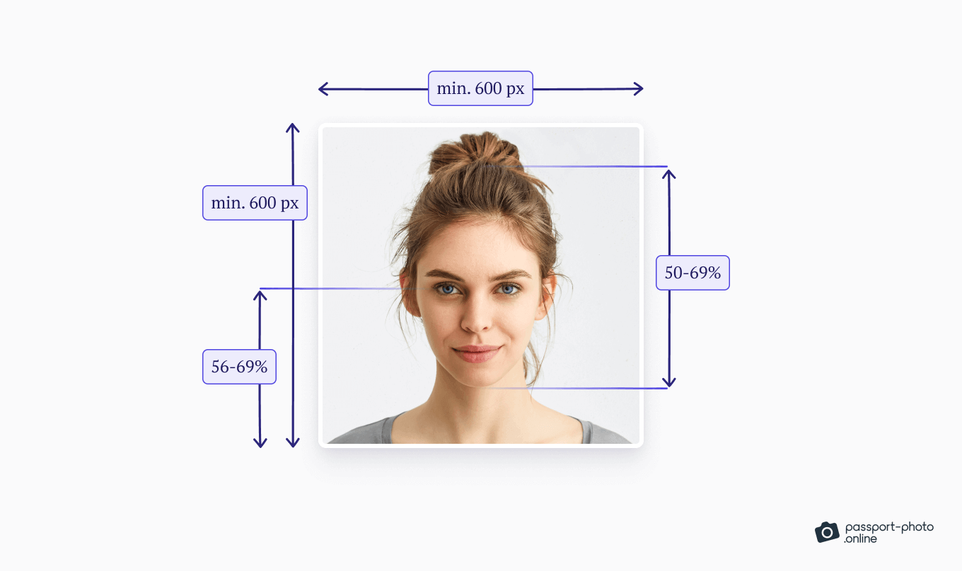 A visual showing dimensions of a passport photo with a bun.