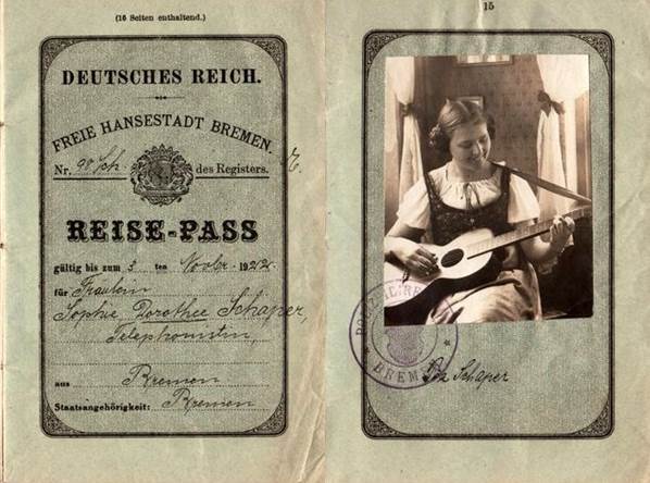 German passport showing a young woman strumming her guitar
