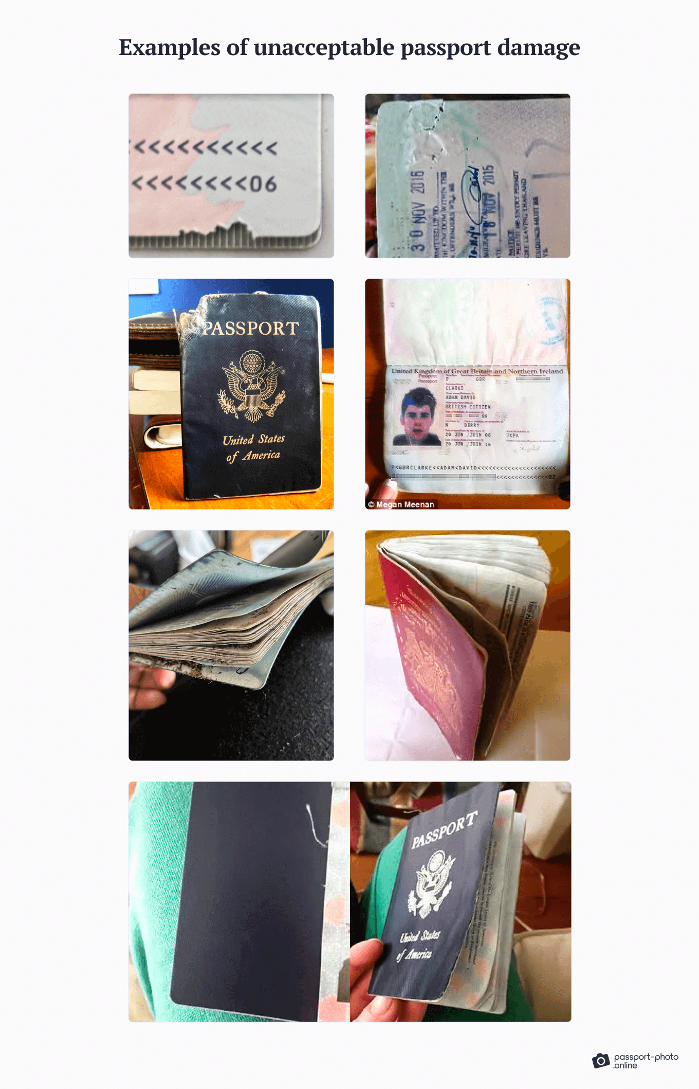 Examples of unacceptable passport damage.