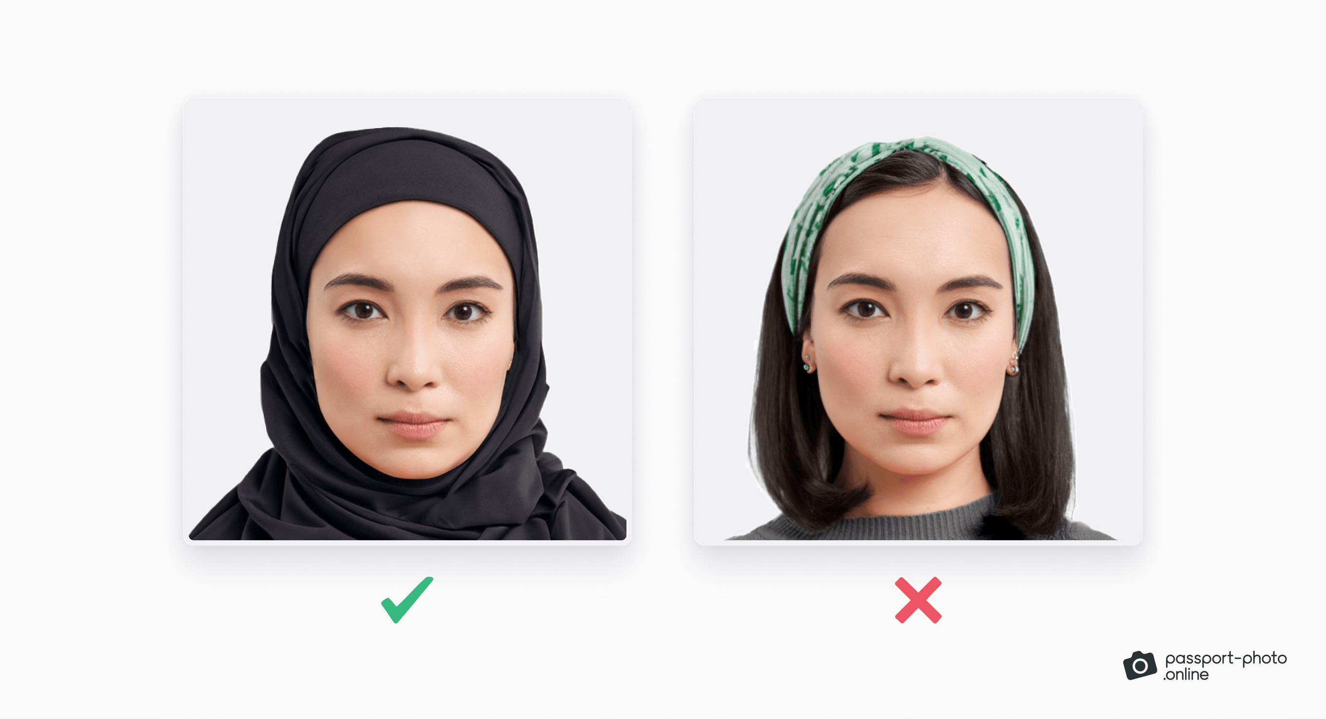 Acceptable and unacceptable hair accessories in a passport photo.