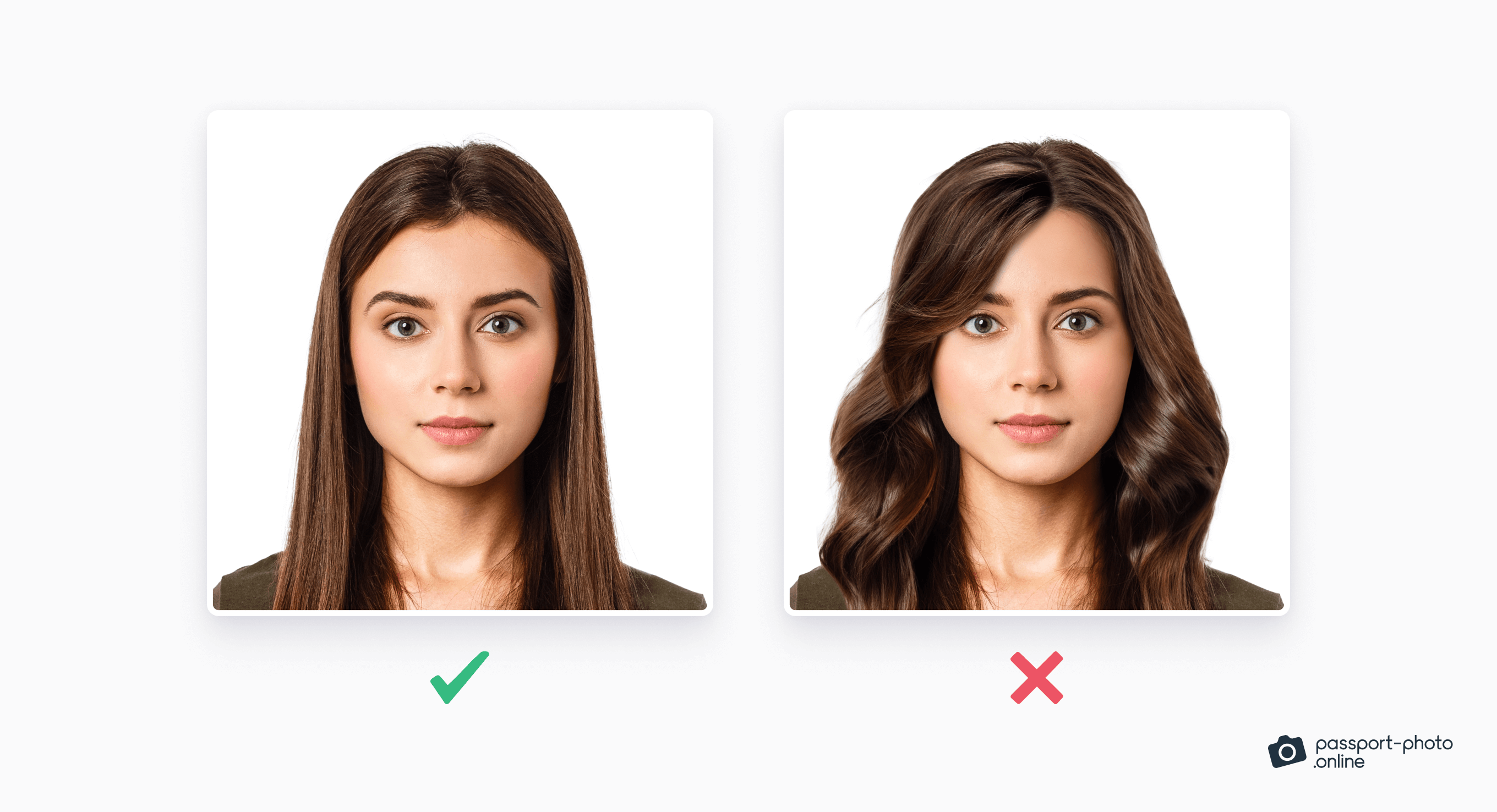 Examples of acceptable and unacceptable hair-down hairstyles for a passport photo.