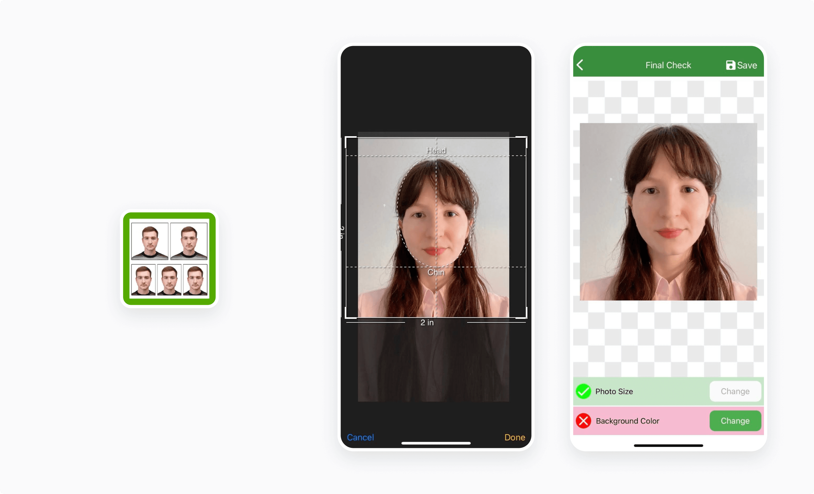 A manual cropping tool that lets you readjust and resize your uploaded photo to the 2x2 passport photo size.