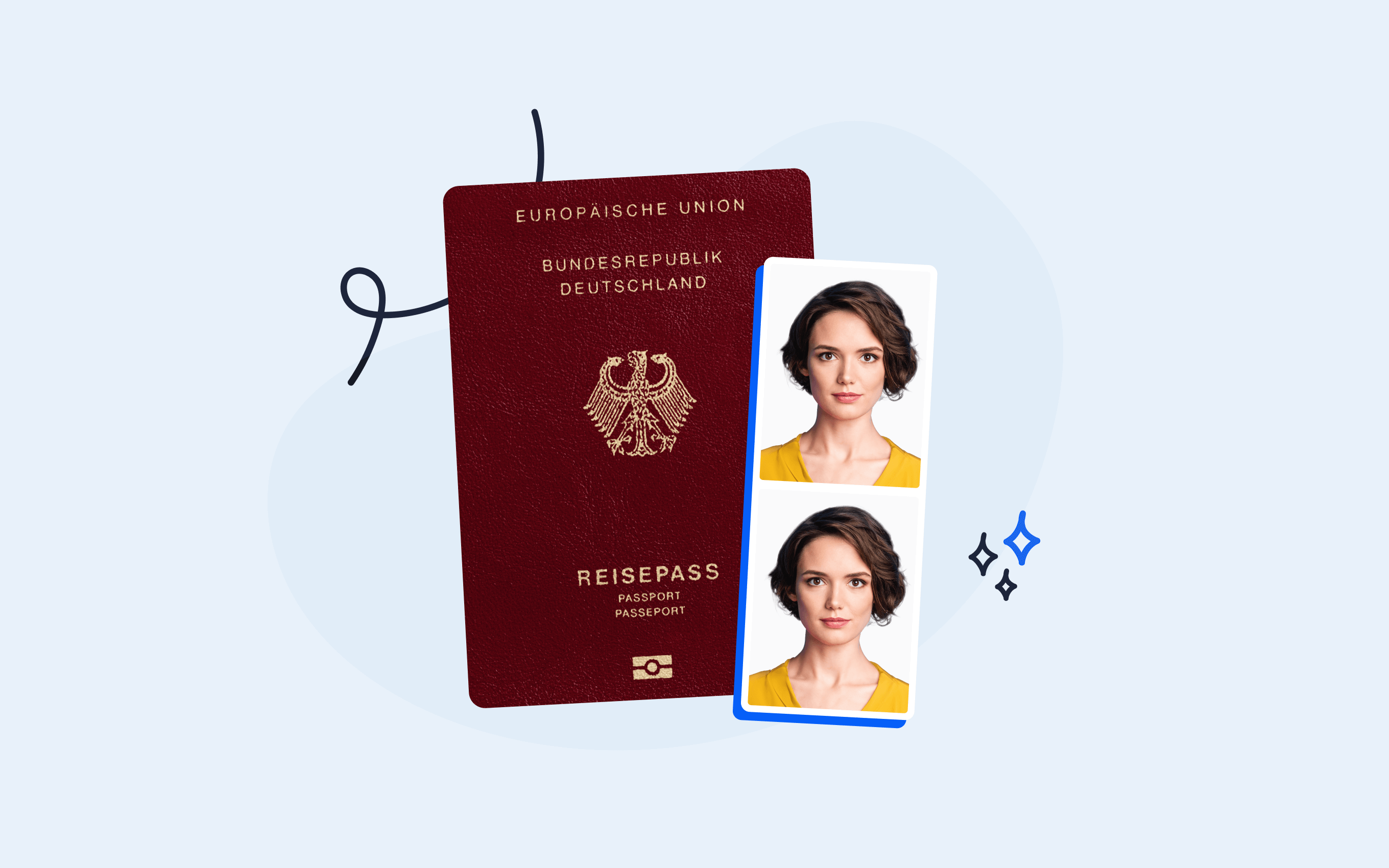An image showing the German passport and 2 passport photos side-by-side.