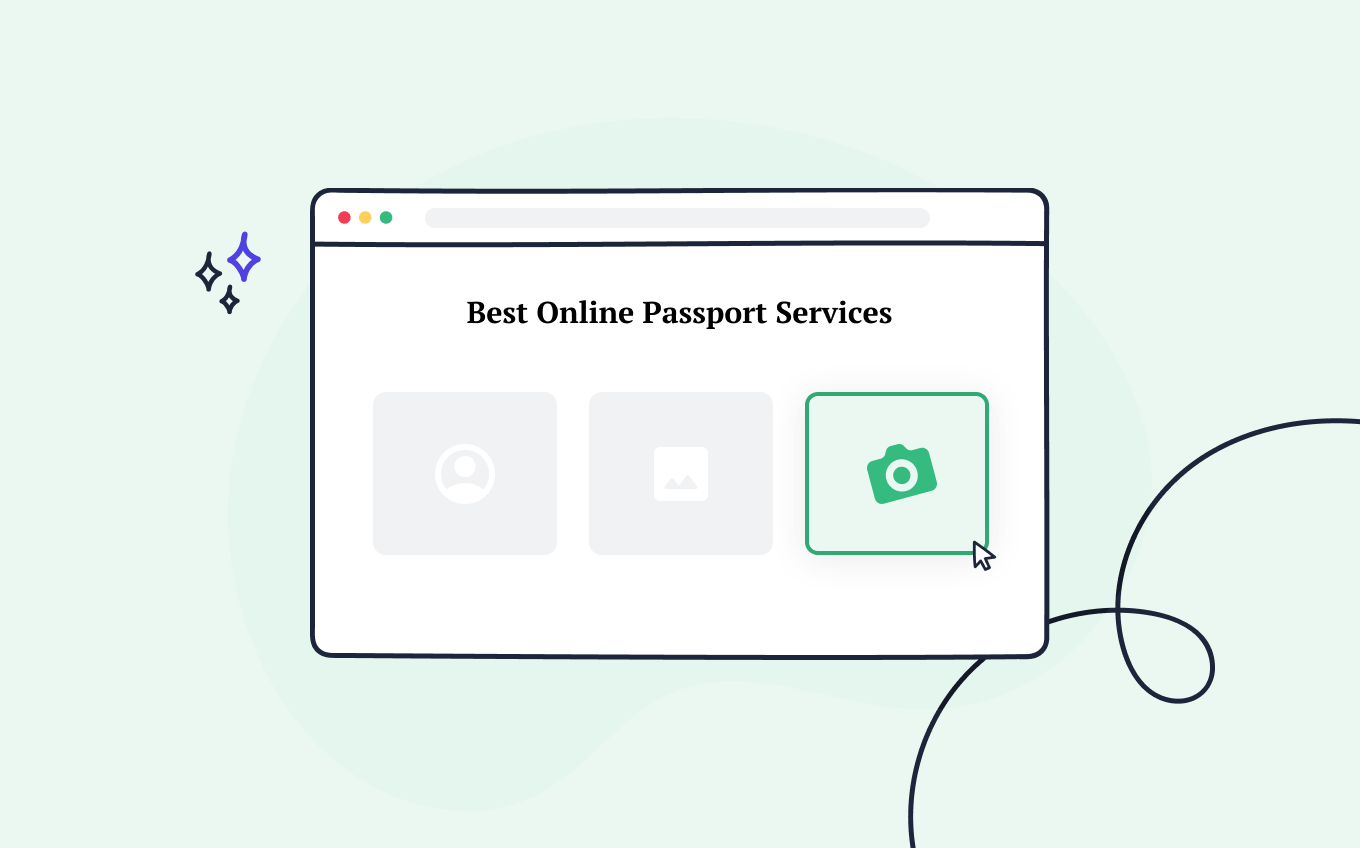 A search page displaying the, “Best Online Passport Services” query with a camera icon selected.