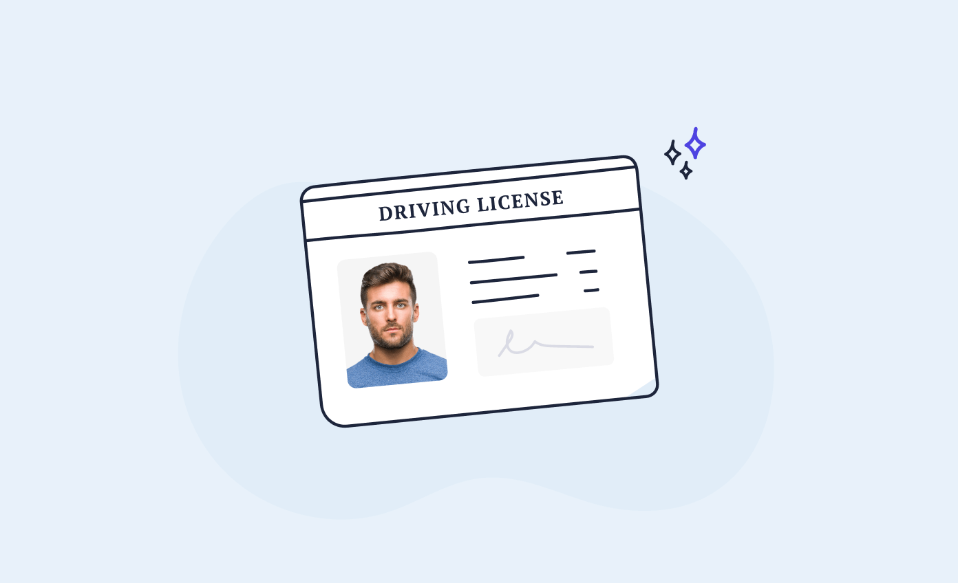 A clipart style UK driving licence set on a light blue background.