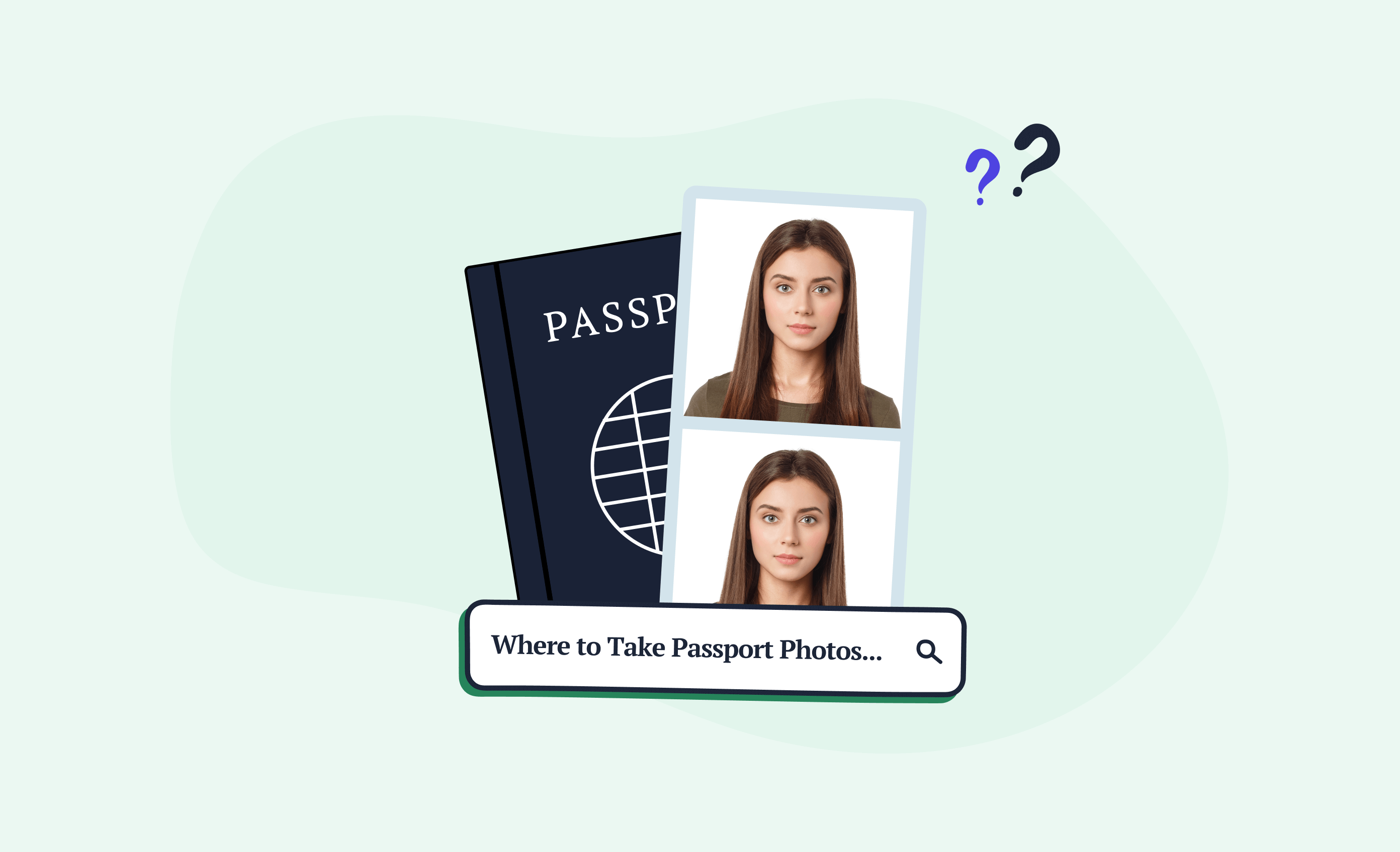 A clipart-style depiction of a US passport with two 2x2” passport photos next to it.