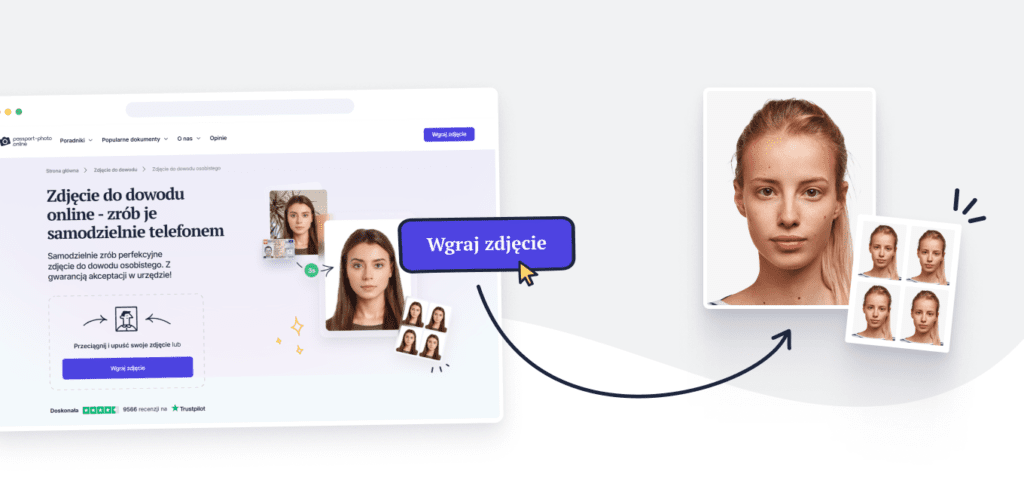 Widok ekranu do wgrania zdjęcia edytora Passport Photo Online i zedytowane, gotowe zdjęcia do dowodu.
