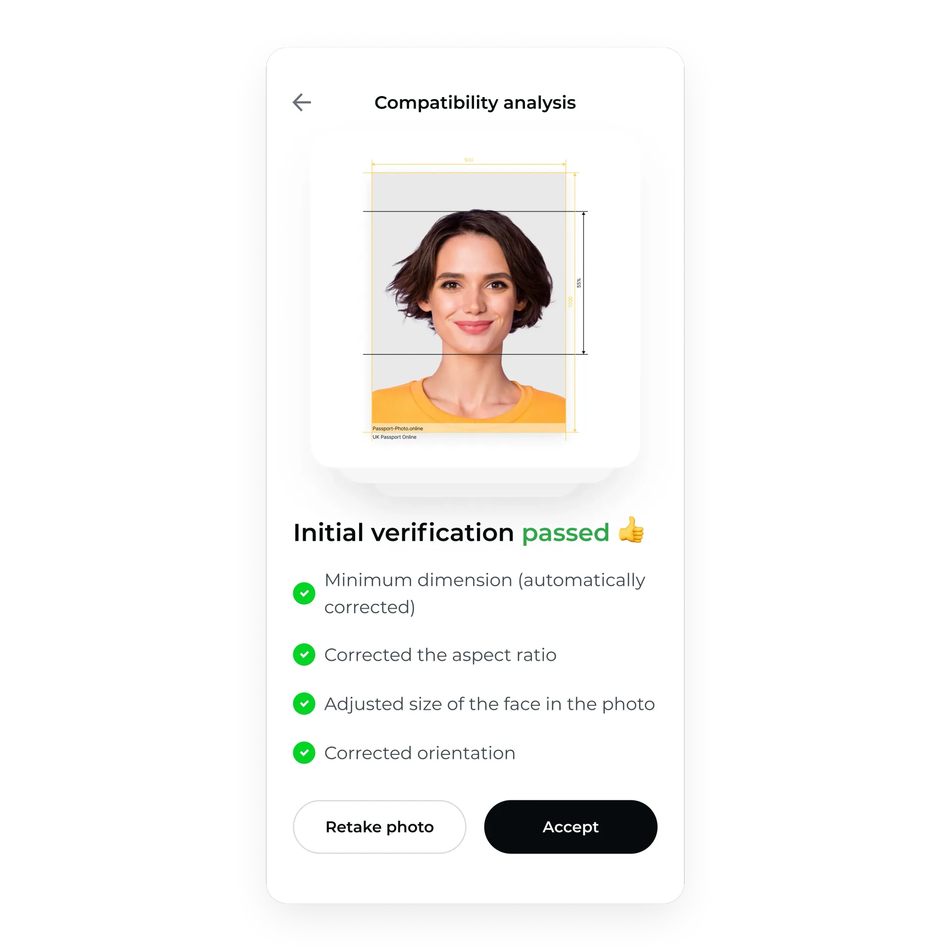 A screenshot from a mobile passport photo app showing the verification process.