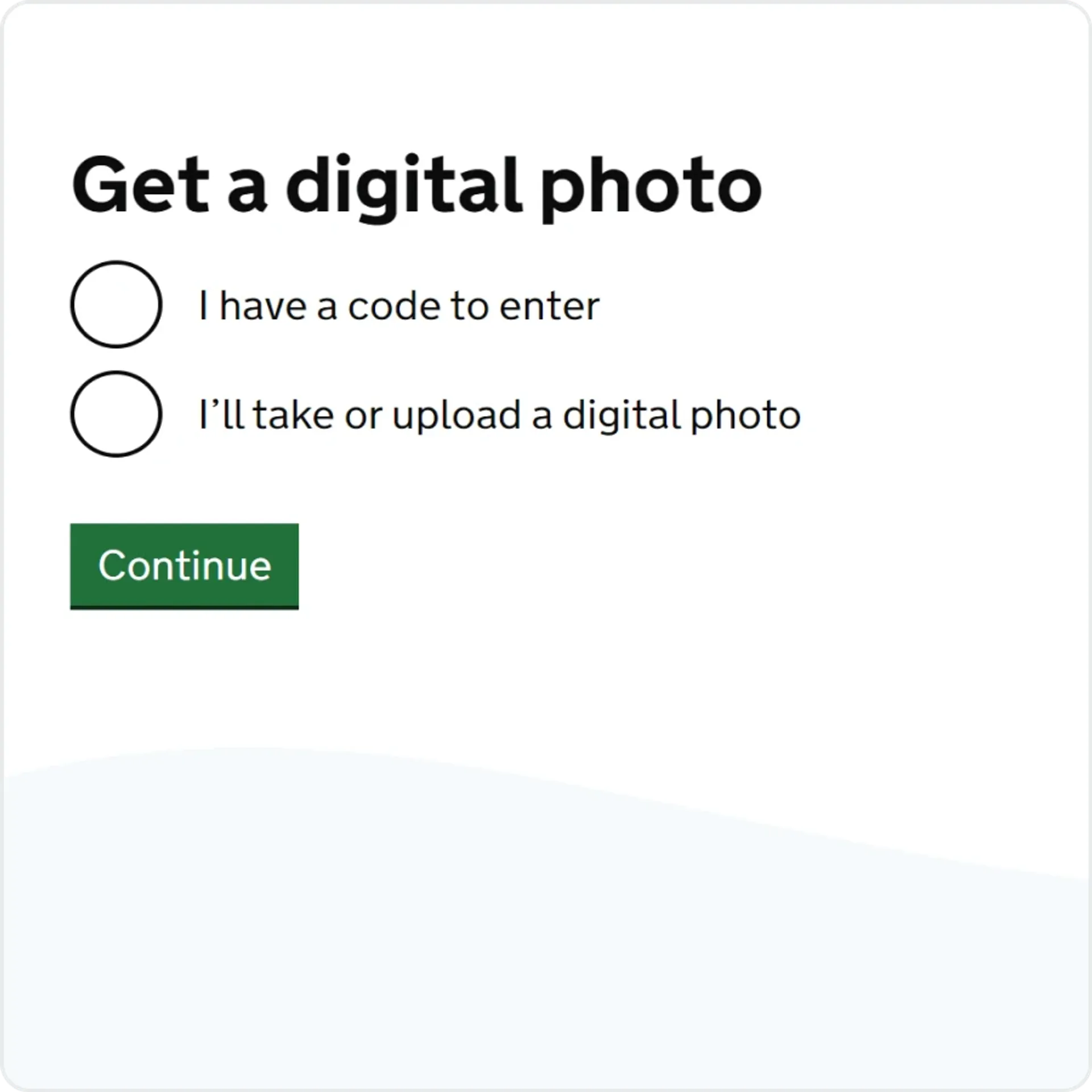 Screenshot from the HMPO’s online passport application portal showing how to upload a digital photo or a photo code.