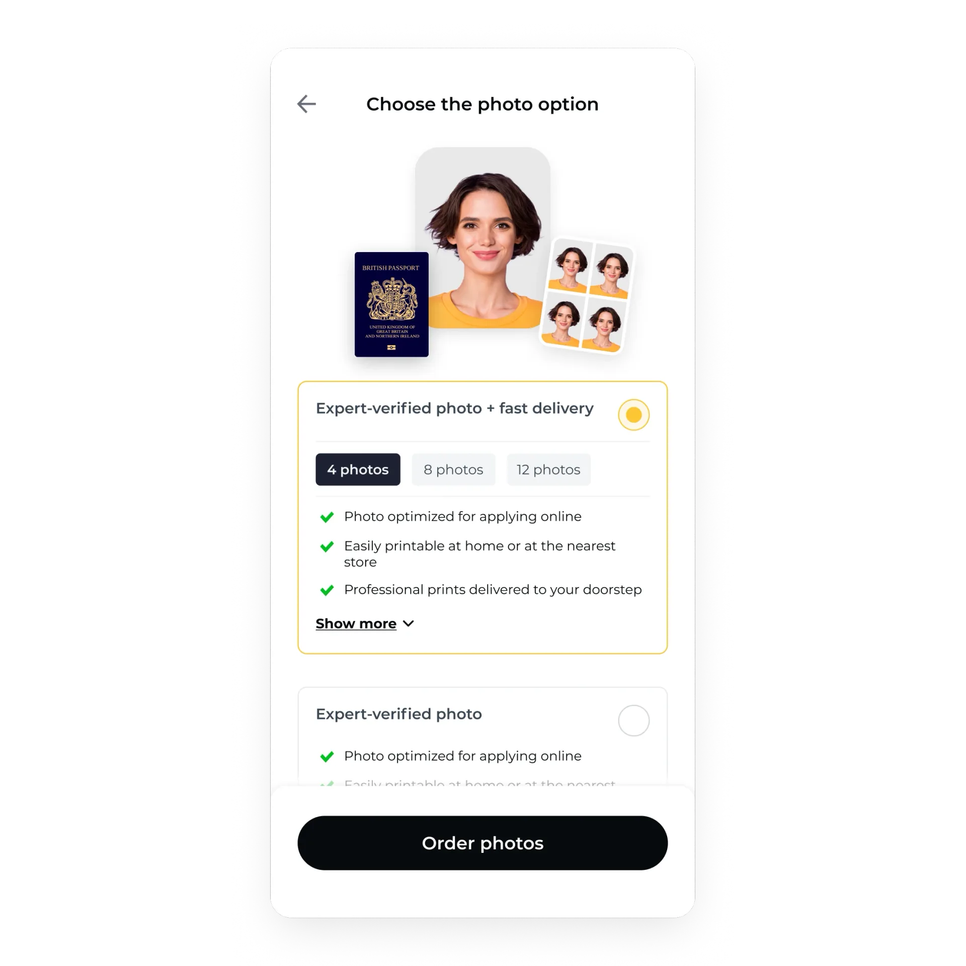 A screenshot from a mobile passport photo app showing the final steps where you can order prints or a digital image.