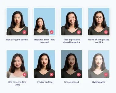 Picture examples of non-compliant Japanese passport photos with reasons.