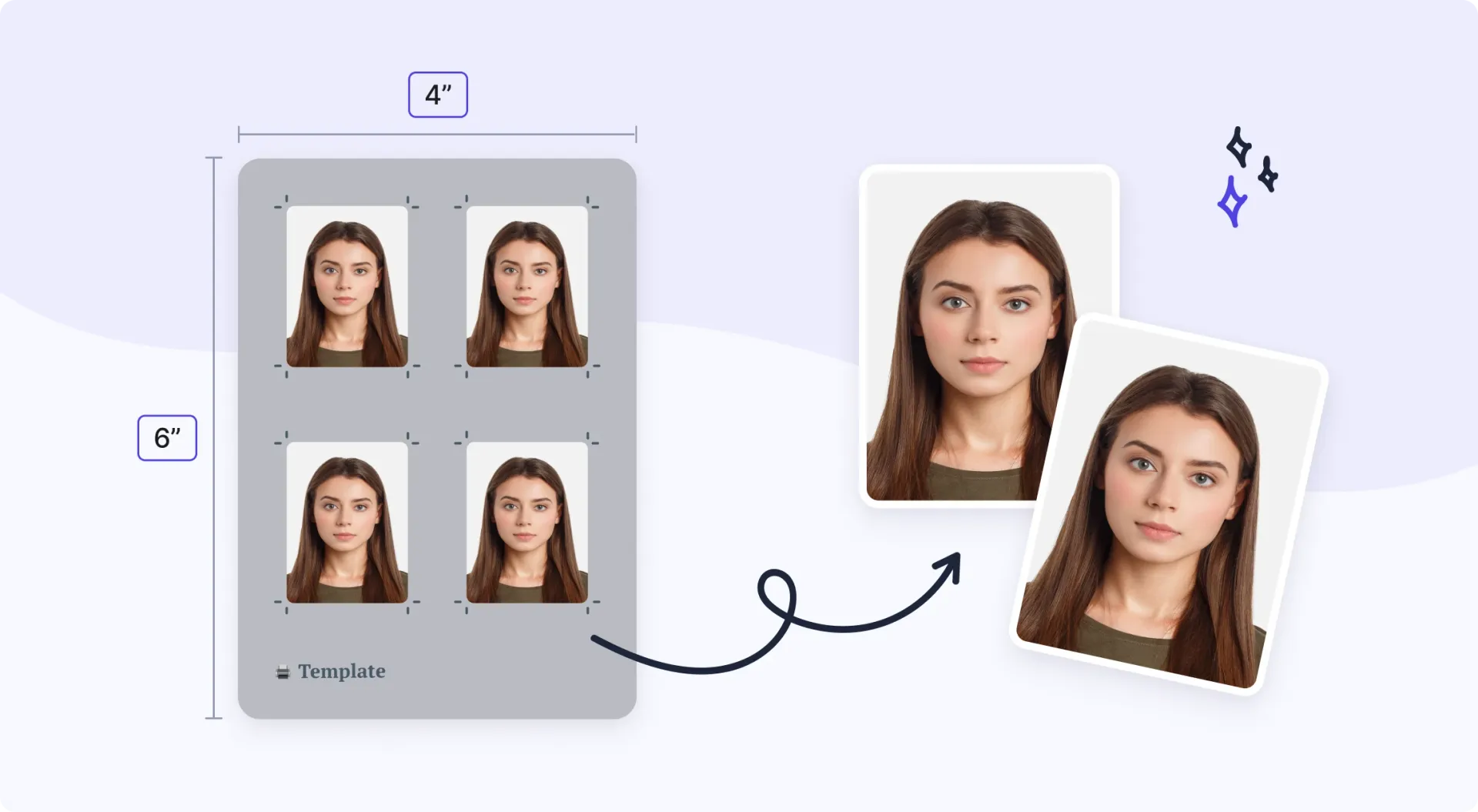 A printable passport photo template (four images) created with an online tool.